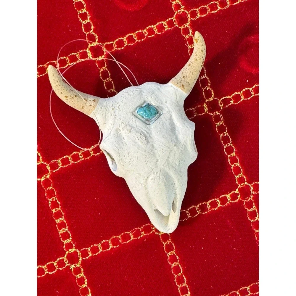 Vintage Santa Fe Steer Skull Ornament White Turquoise Southwestern Rustic